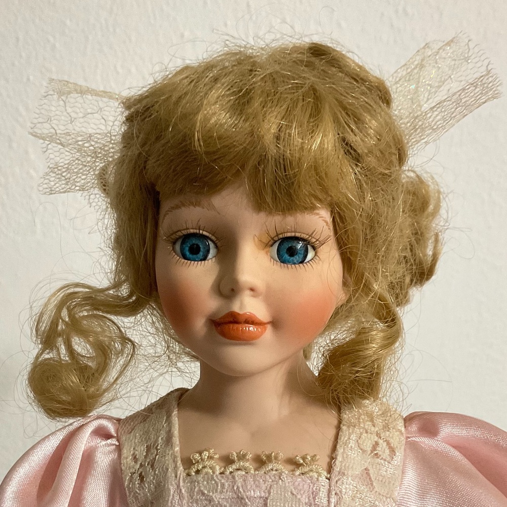 vintage porcelain doll 18 " tall pink satin dress dancer Collectors Collectible